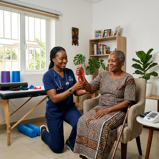 Physiotherapist treating patient at home in Lagos