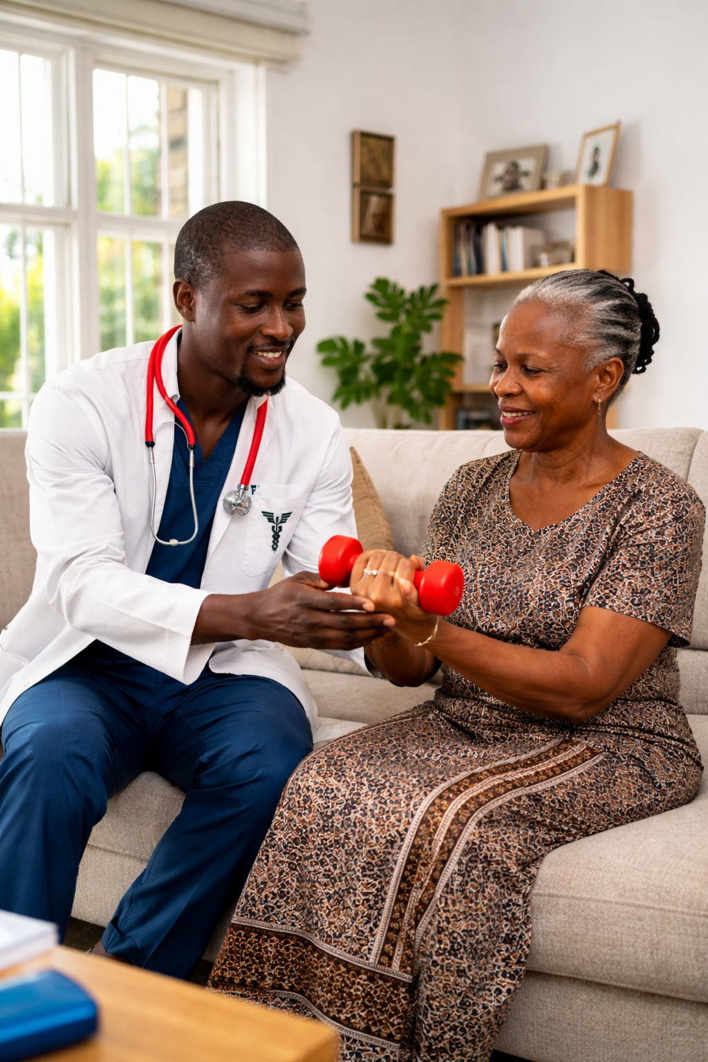 Physiotherapist providing hands-on care to a patient at home