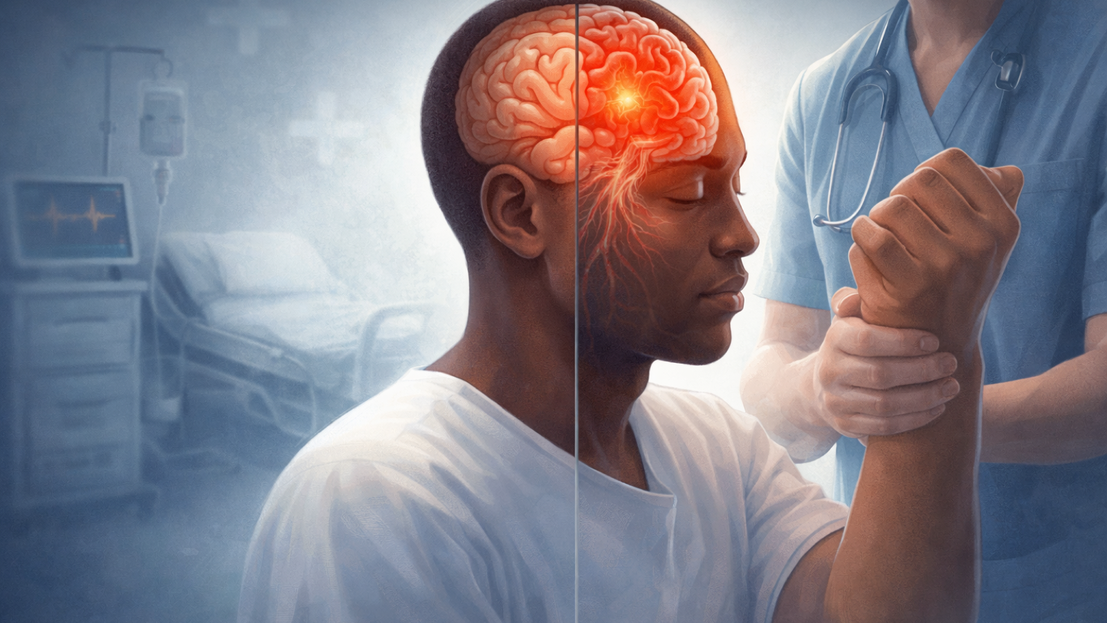 Stroke recovery physiotherapy session showing guided arm rehabilitation